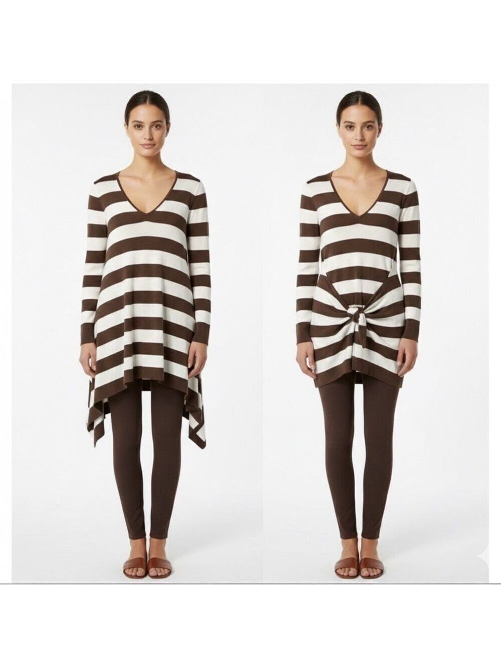 TOMMY BAHAMA Cotton Blend Brown Stripe Tunic Length Vee Neck Light Sweater Sz S